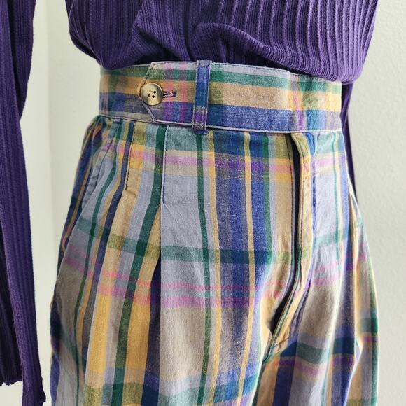 Vintage GAP 90s High Waisted Plaid Pleated Shorts Muted Yellow Green Blue 2 - Picture 2 of 13